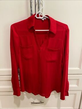 Express Red Sheer Long-Sleeve Button-Front Shirt